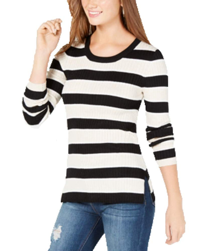 Juniors' Striped Ribbed Lace-Up Sweater