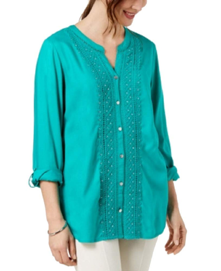 JM Collection Petite Embellished Crochet Front Shirt