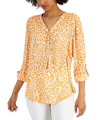 JM Collection Petite Printed Roll Tab Sleeve Top