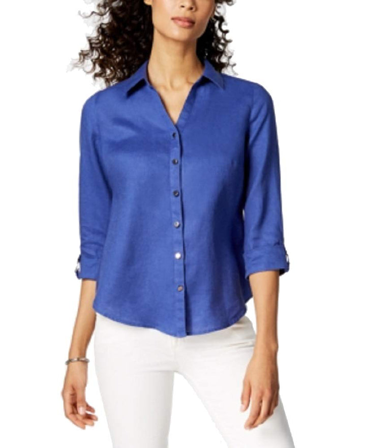 JM Collection Linen Roll Tab Shirt