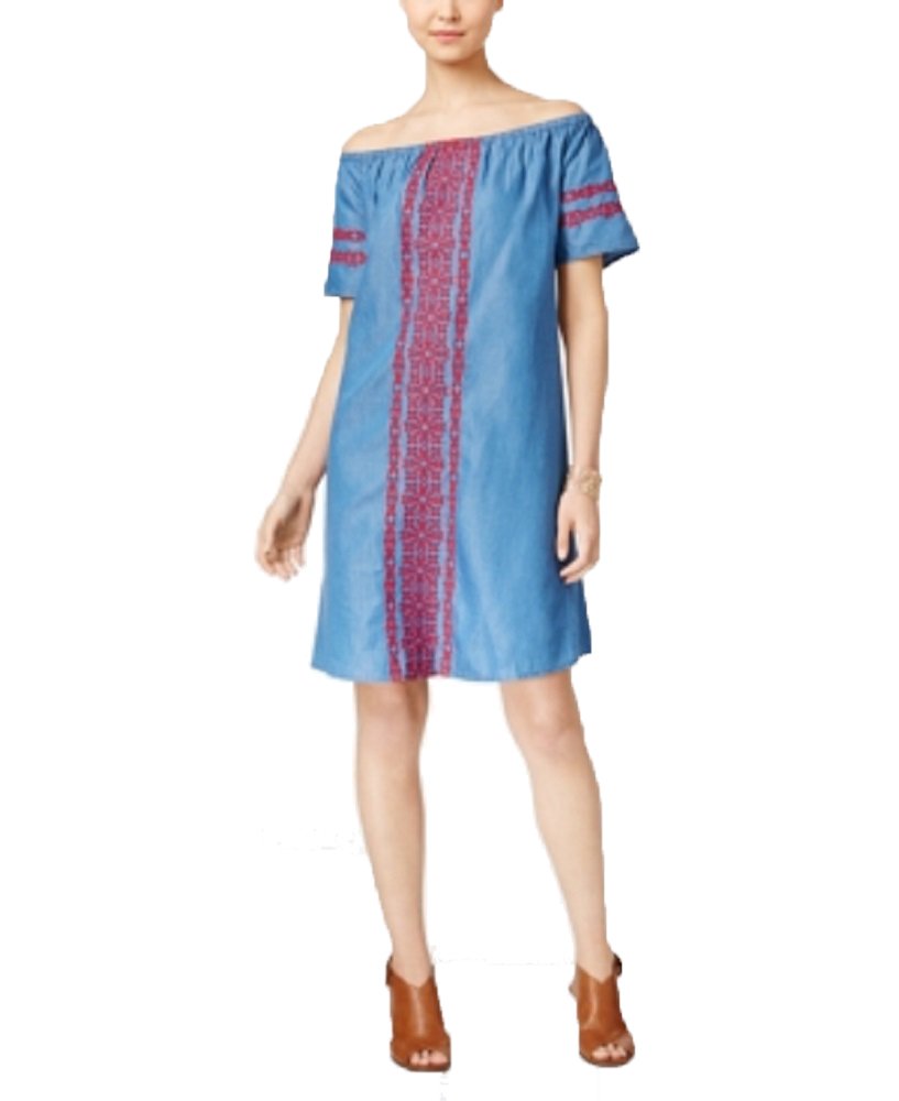 Style & Co Off The Shoulder Denim Embroidered Dress