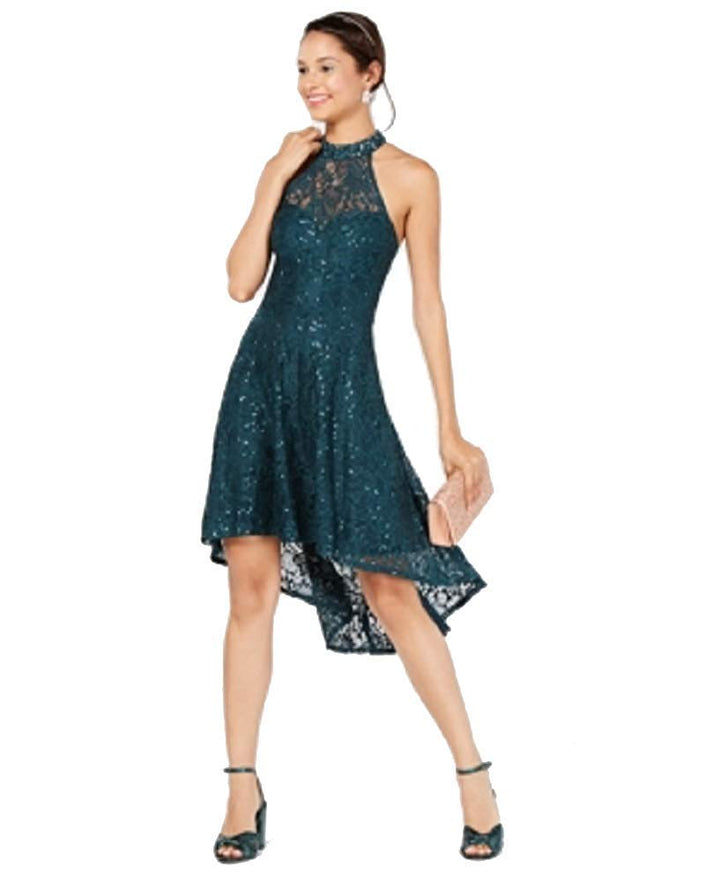 City Studios Juniors Sequined Lace High Low Dress