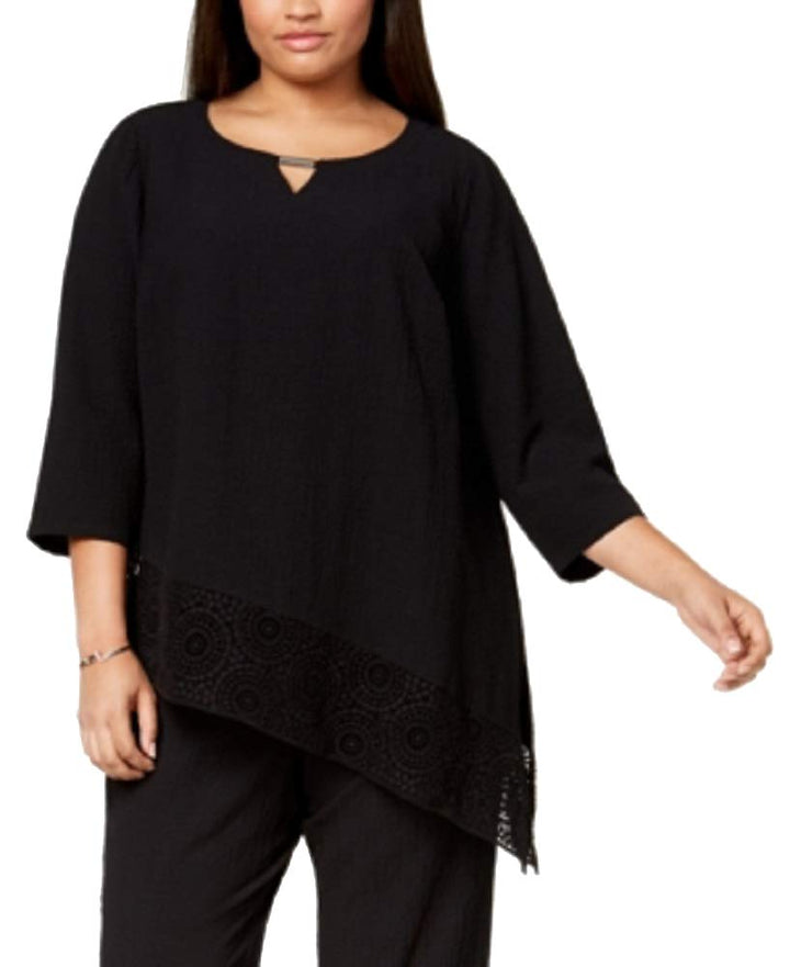 JM Collection Plus Size Crinkle Crochet Hem Top