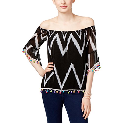 INC International Concepts Petite Printed Pom Pom Off The Shoulder Top