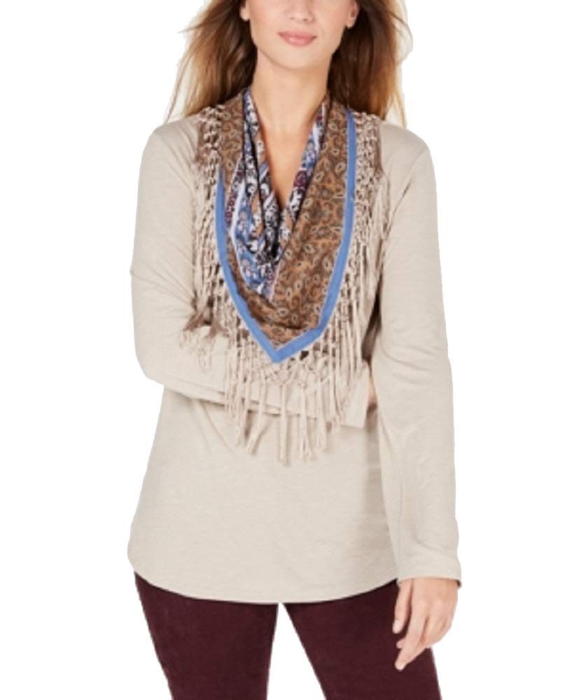 Petite Scarf-Neck Fringed Top