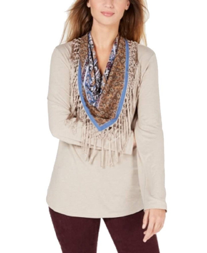 Petite Scarf-Neck Fringed Top