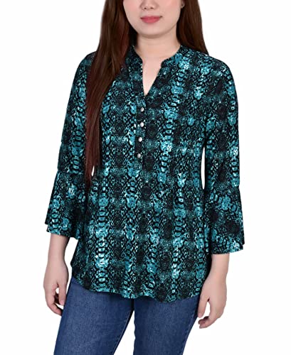 Petite 3/4 Bell Sleeve Printed Pleat Front Y-neck Top