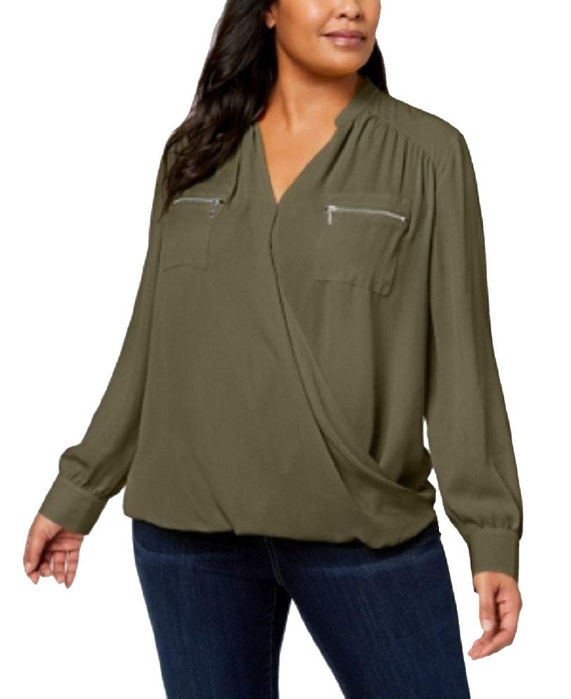 Plus Size Zip Pocket Surplice Blouse