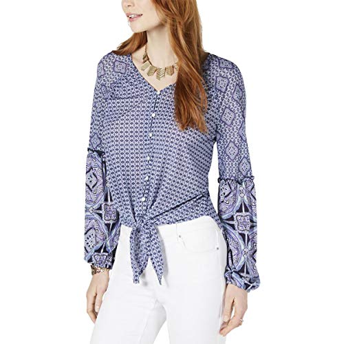 Mixed-Print Tie-Front Button-Up Top