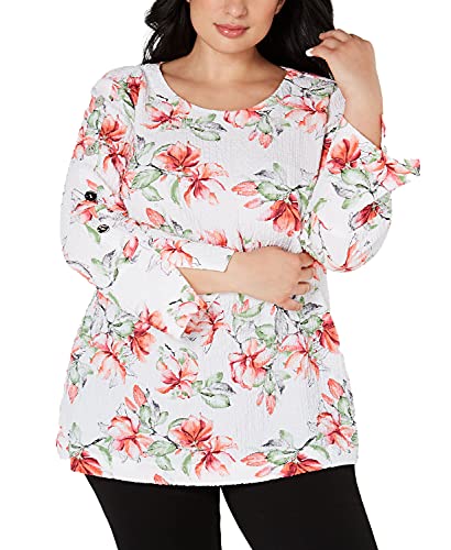 JM Collection Plus Size Textured Printed Button Sleeve Top