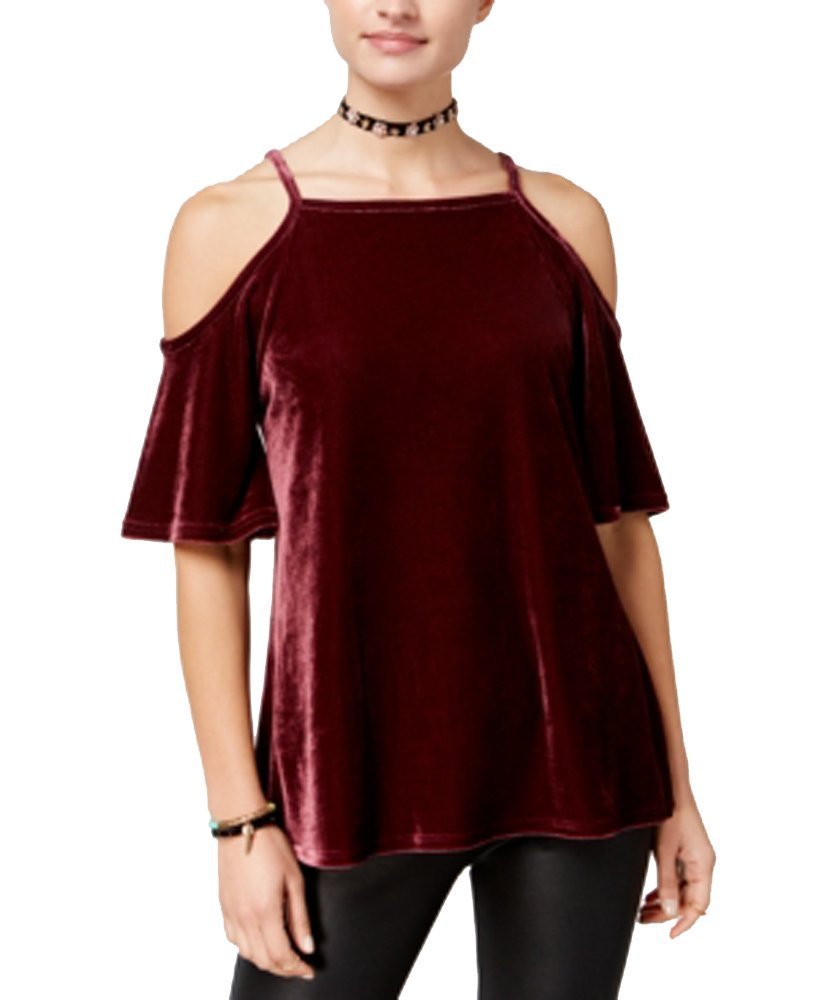 Juniors' Velvet Cold-Shoulder Top