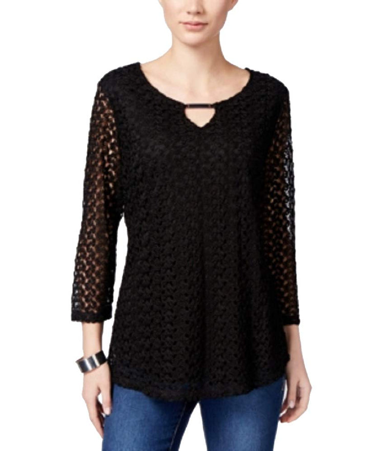 JM Collection Petite Crocheted Keyhole Blouse