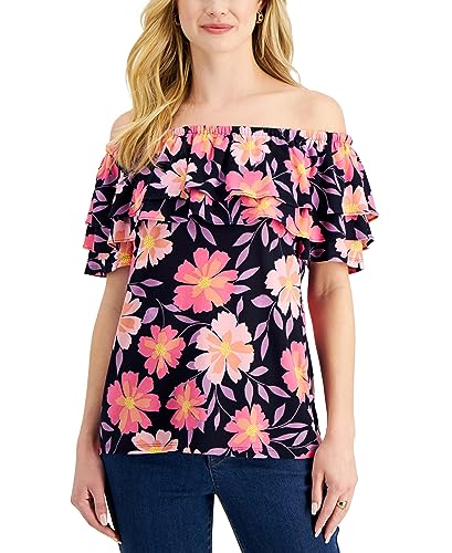 Charter Club Womens Printed Off The Shoulder Ruffled Knit Top