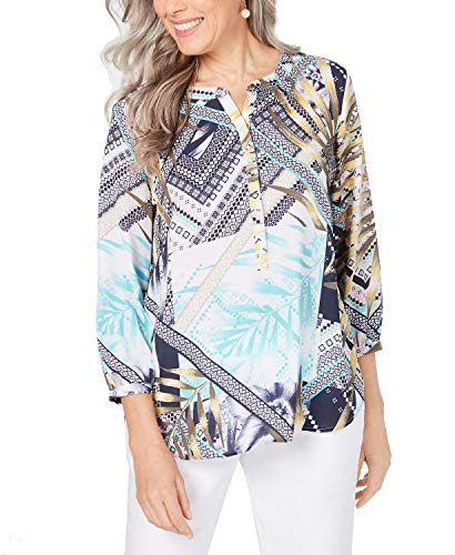 JM Collection Printed Pleat-Back Top (Palm Splendor, S)