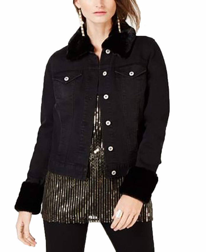 INC Leopard-Print Faux-Fur Trim Denim Jacket