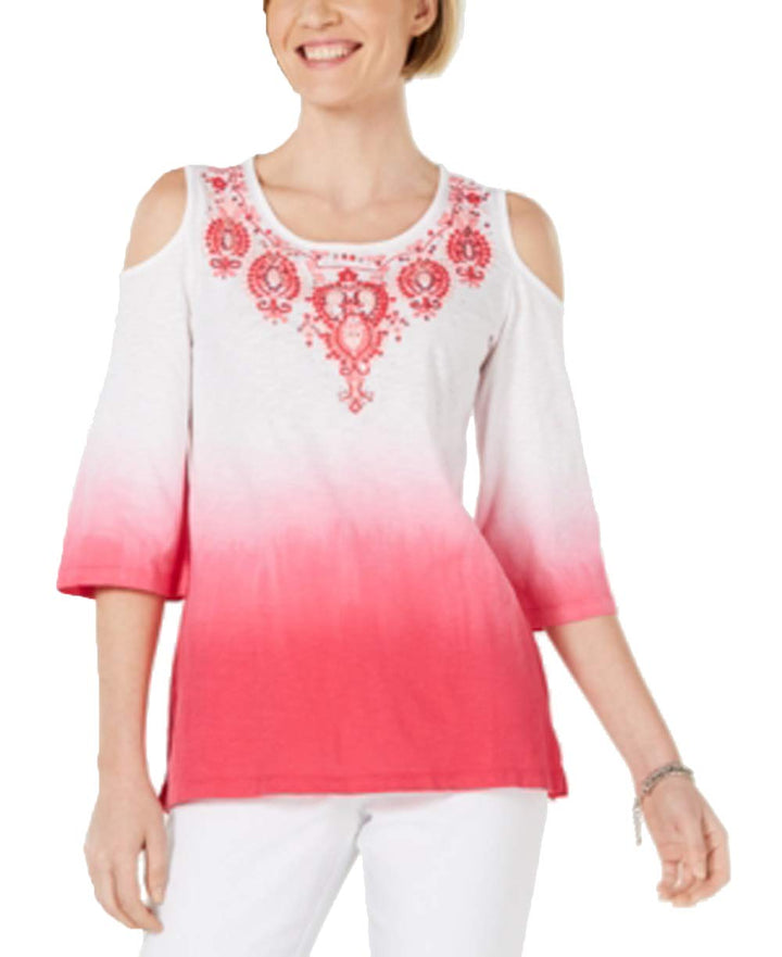 Petite Cotton Embroidered Ombr&eacute; Cold-Shoulder Top