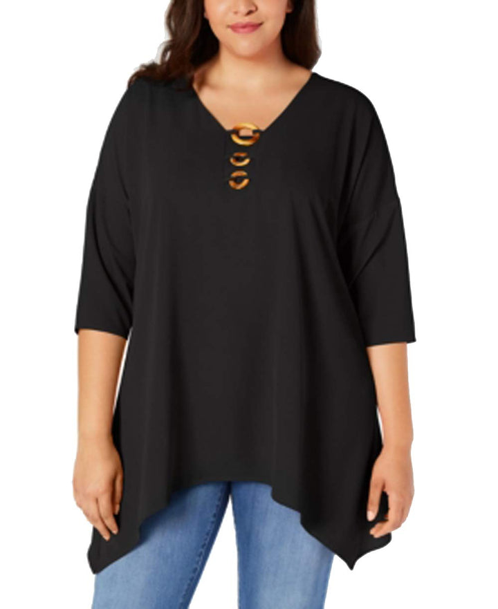 NY Collection Plus Size Handkerchief-Hem Hardware Tunic (Black, 1X)
