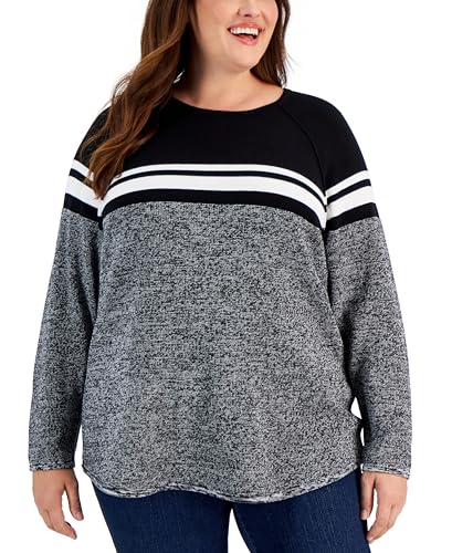 Plus Size Curved Hem Striped-Yoke Sweater