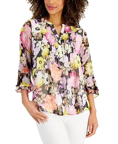 Charter Club Petite Floral Print Flutter Sleeve Pintuck Top