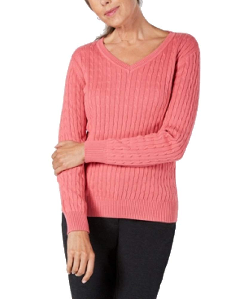 Karen Scott Cotton V Neck Cable Knit Sweater