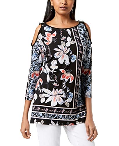 JM Collection Printed Embellished Cold Shoulder Top