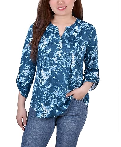 Petite Knit Jacquard 3/4 Sleeve Roll Tab Top