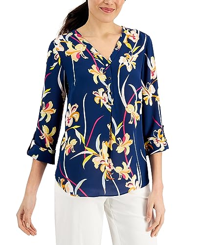 JM Collection Garden Grove Printed Tab Sleeve Top