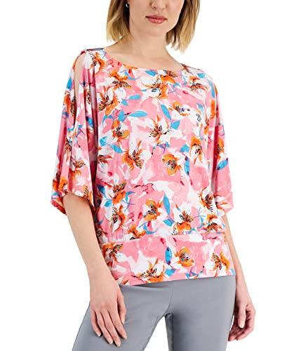 JM Collection Womens Abstract Print Cutout Sleeve Top