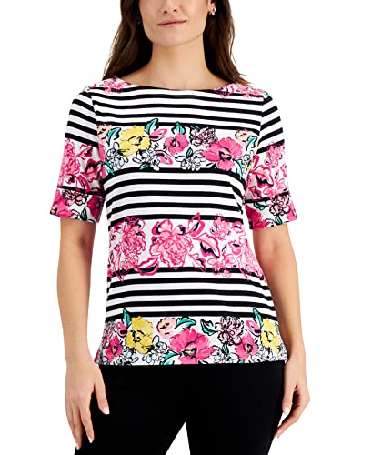 Karen Scott Petite Striped Floral Print Top