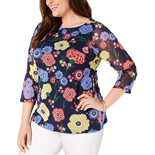 Charter Club Plus Size Printed Mesh 3/4 Sleeve Top