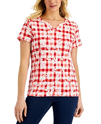 Karen Scott Womens Gingham Blooms Printed Top
