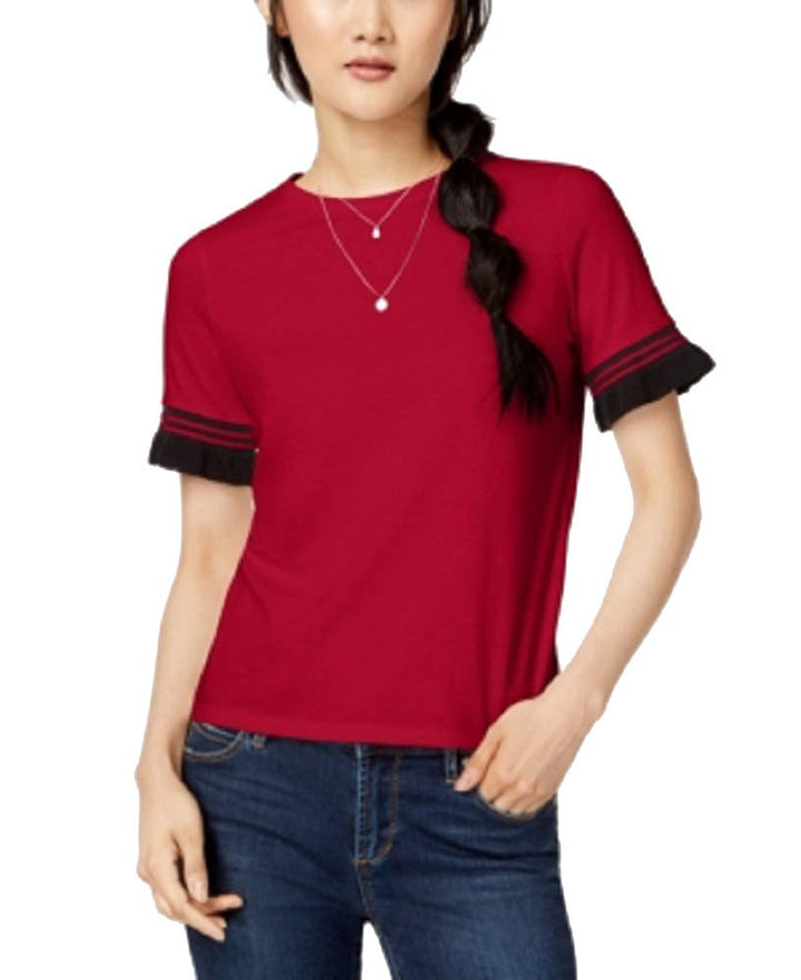 Juniors' Contrast Stripe Ruffle-Sleeve T-Shirt