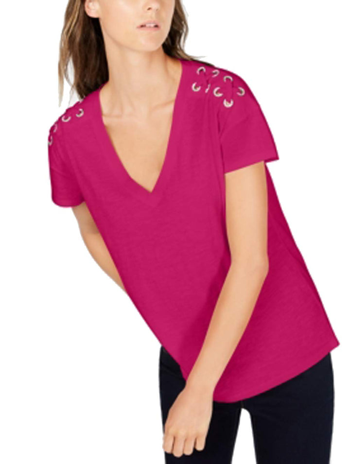 INC Petite Cotton Crisscross-Trim Grommeted Top