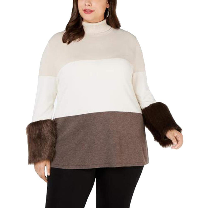Plus Size Faux-Fur-Cuff Colorblocked Turtleneck Sweater