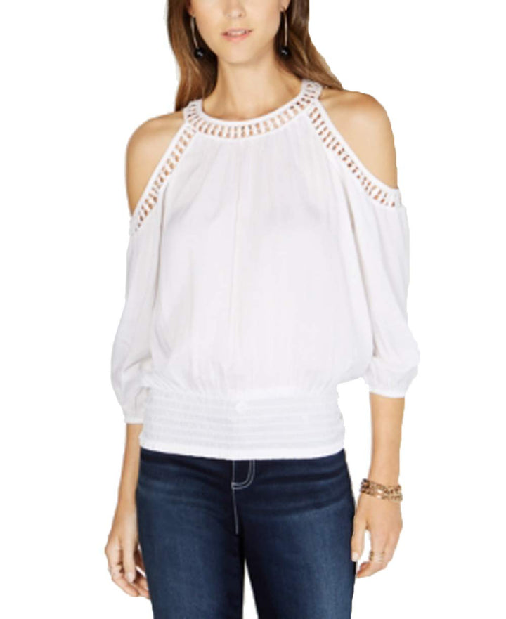 Crochet-Trim Cold-Shoulder Top
