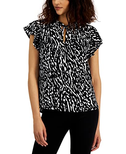 Alfani Womens Tie Neck Flutter Sleeve Top