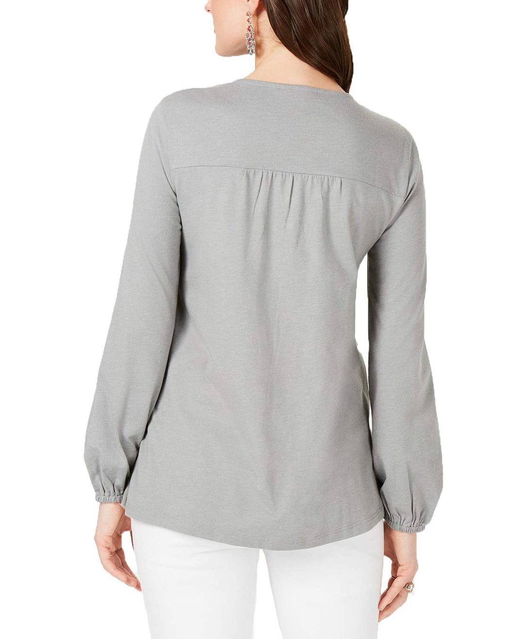 Style & Co Striped Embroidered Split Neck Top