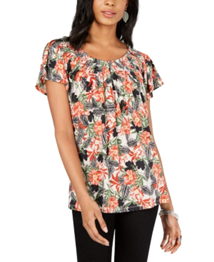 Style & Co Petite Printed Pleated Scoop Neck Top