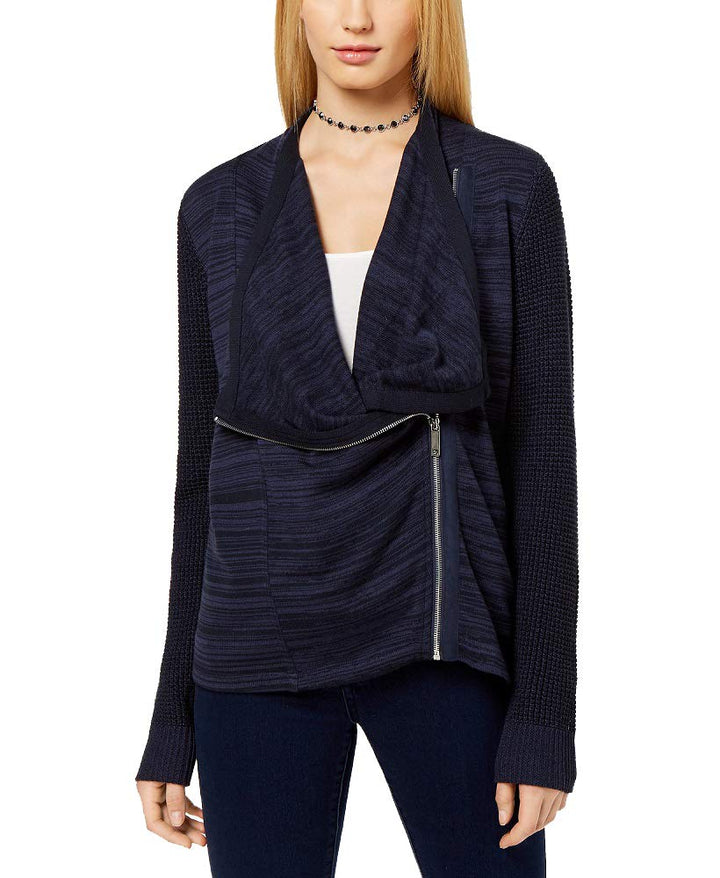 Mixed Knit Zip Front Cardigan