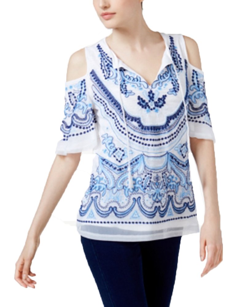 INC International Concepts Petite Embroidered Cold Shoulder Top