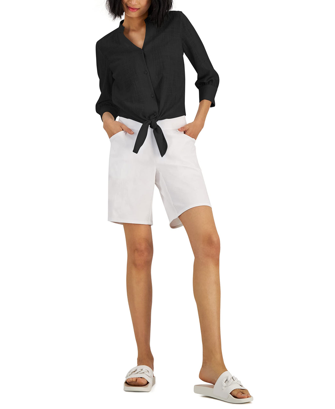 INC International Concepts Petite Tie Waist Button Front Top