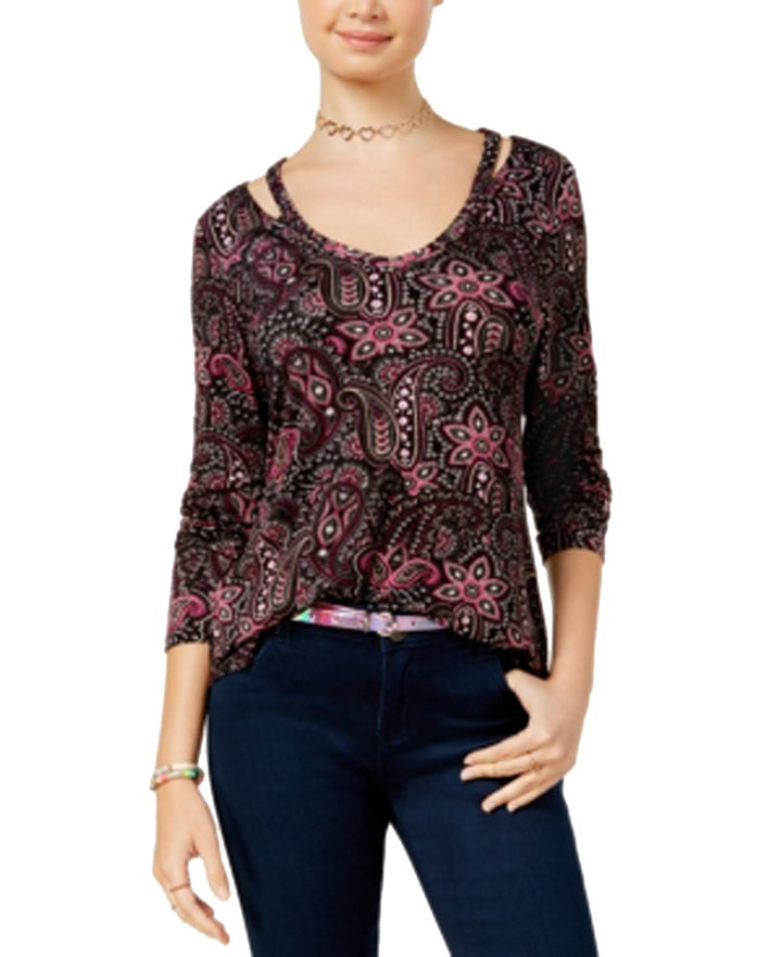 Juniors' Printed Cutout-Neck Top