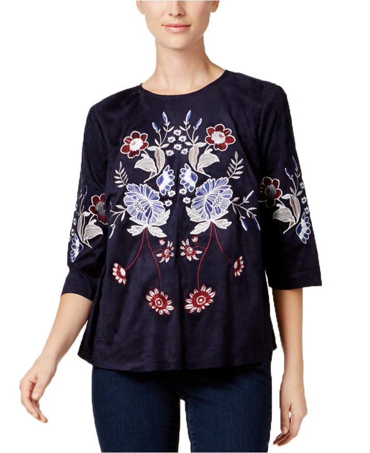 Charter Club Embroidered Faux Suede Top