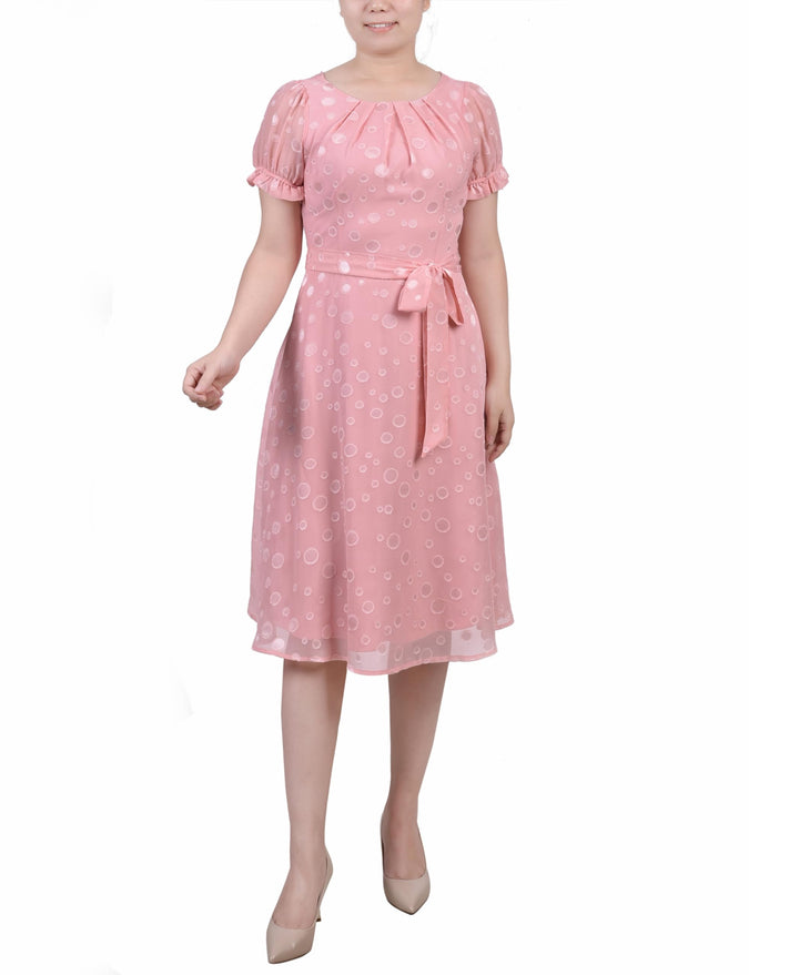 Petite Short Sleeve Belted Swiss Dot Dress