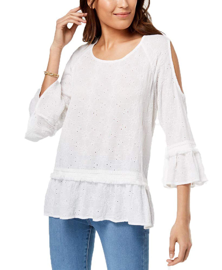 Style & Co Petite Eyelet Embroidered Cold Shoulder Top