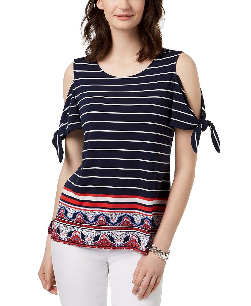 Charter Club Petite Tie Sleeve Cold Shoulder Top