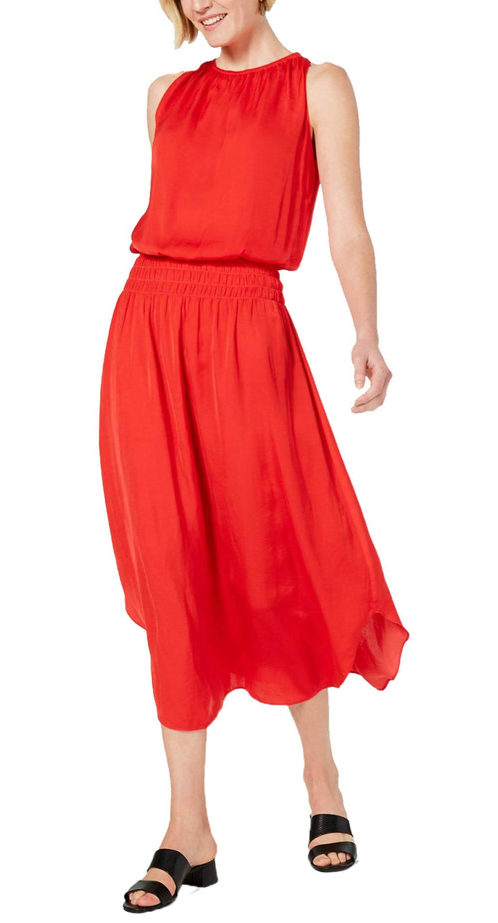 Smocked-Waist Satin Midi Dress