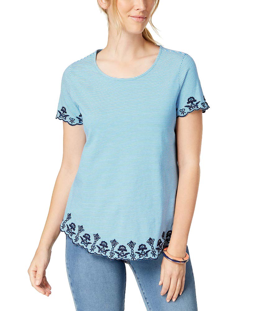 Cotton Striped Embroidered T-Shirt