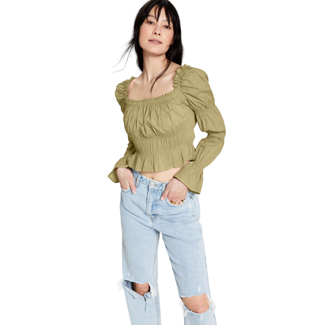 Now This Womens Cotton Ruched Puff Sleeve Top