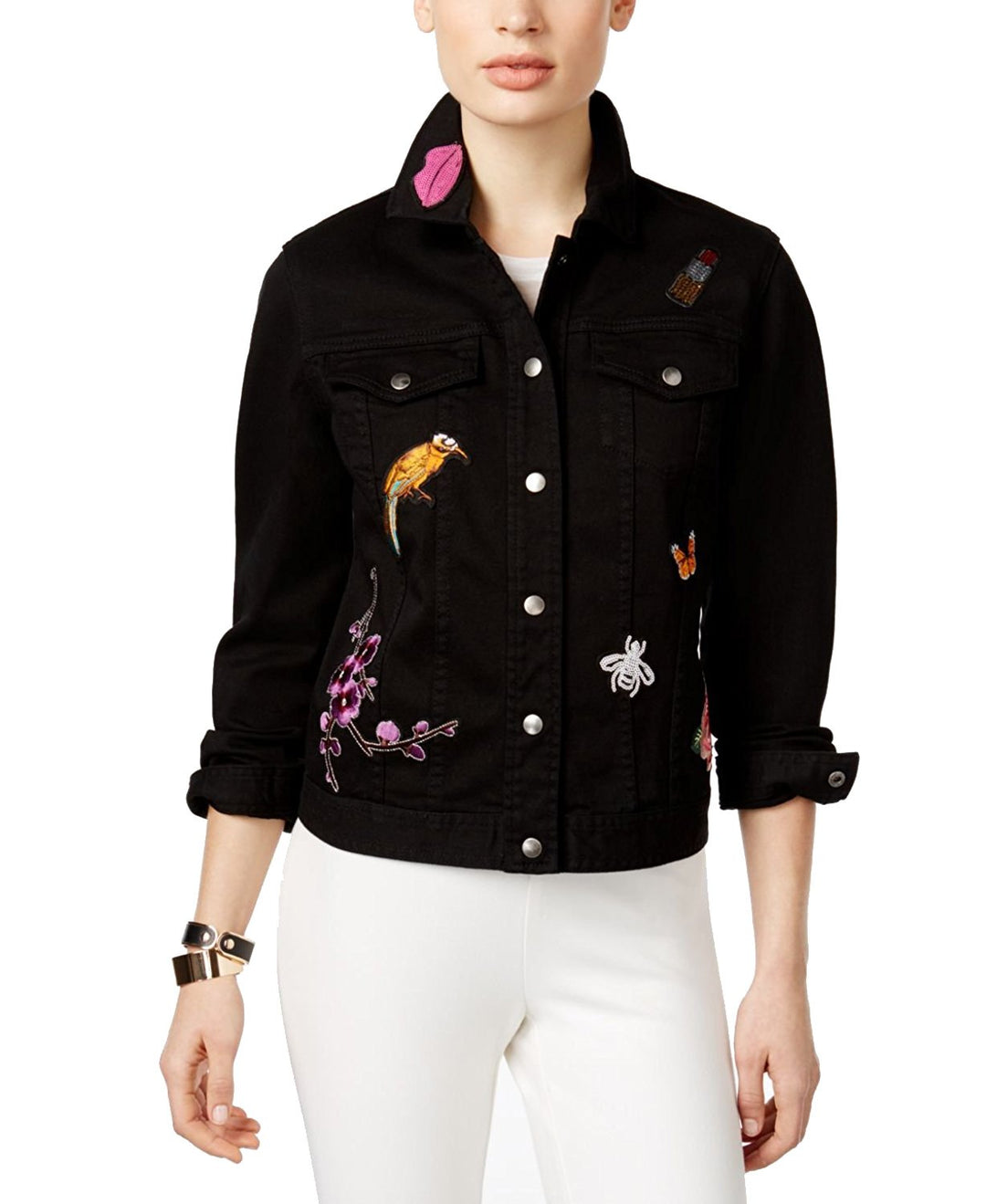 NY Collection Cotton Patched Denim Jacket